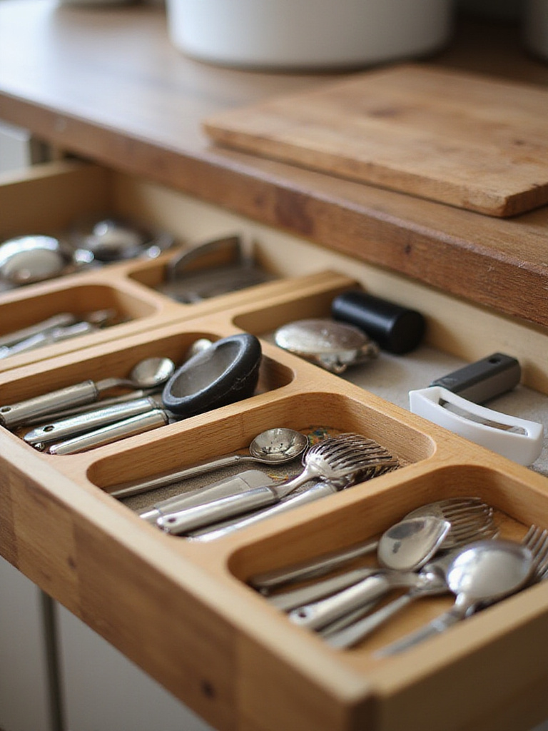 Organized kitchen drawer with bamboo drawer inserts for small gadgets and tools.