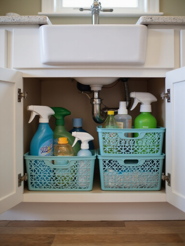Organized under-sink cabinet with cleaning supplies in caddies
