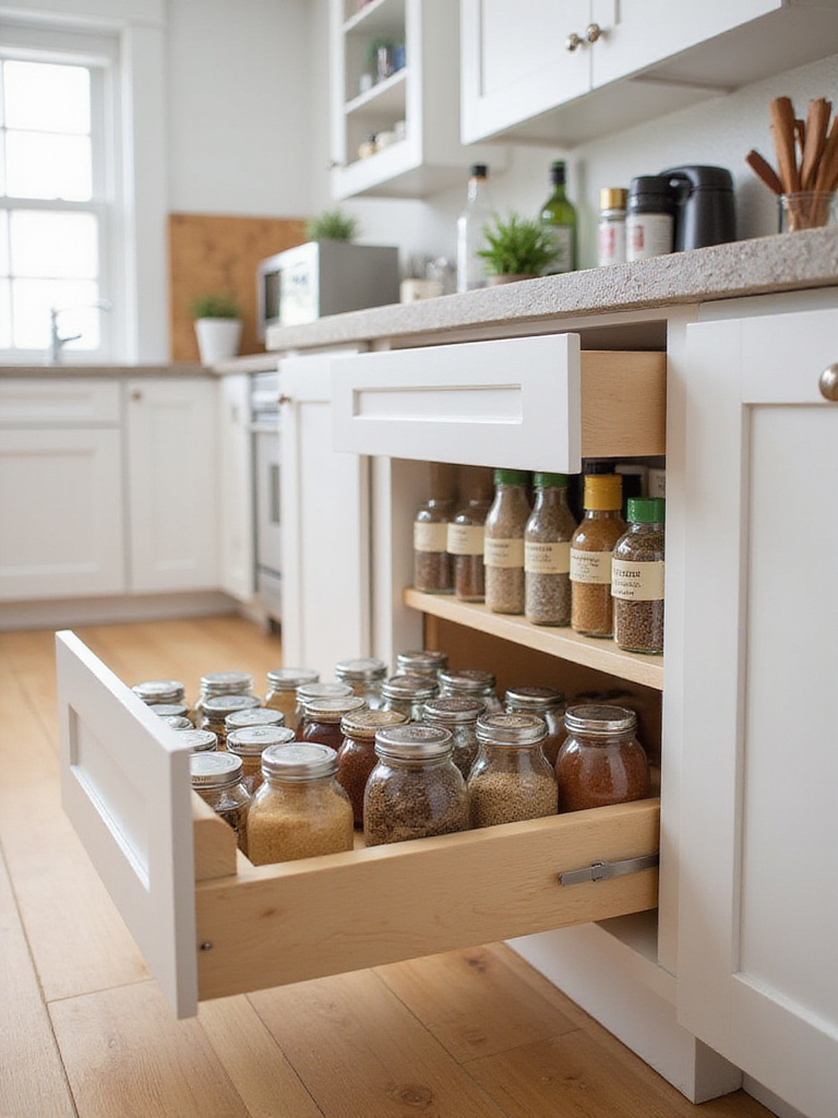 A kitchen drawer pulled open, showing a neat spice organization system with jars arranged in an insert, making labels easy to read.