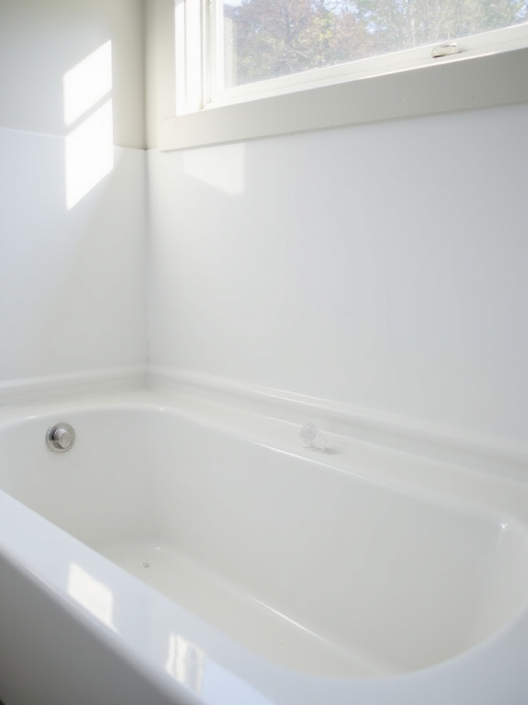 A budget-friendly bathroom makeover featuring a freshly refinished white bathtub or shower, looking clean and bright.