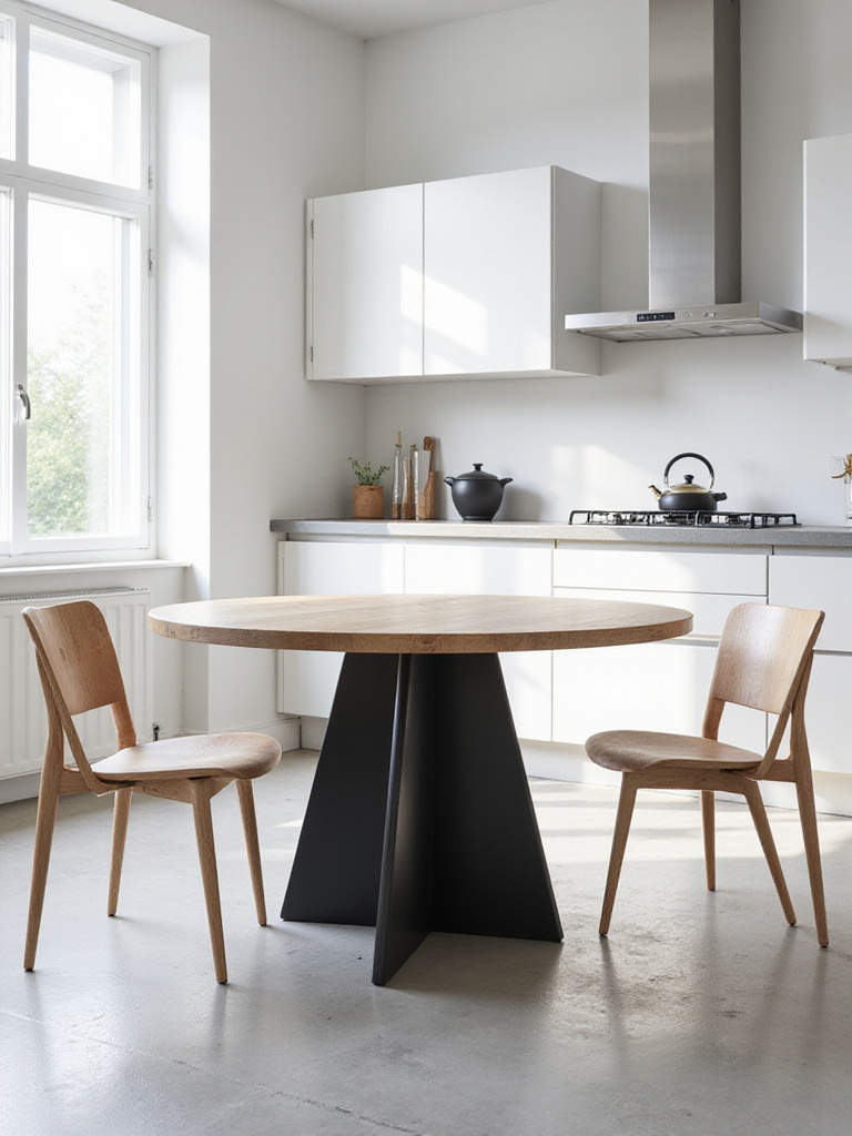 Modern kitchen featuring a round table with a sleek, matte black sculptural pedestal base and a light wood top, illustrating a clean and spacious design.