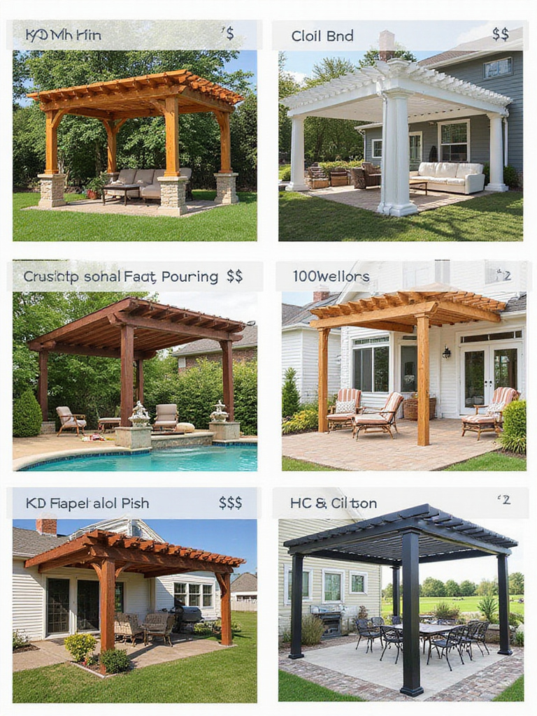 Collage showing different pergolas (wood, vinyl, metal) illustrating a range of styles and price points.