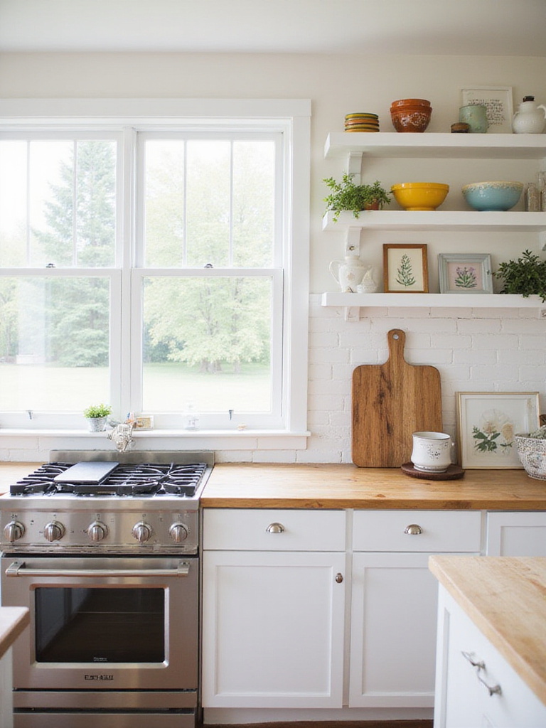 Modern farmhouse kitchen with gallery wall and decorative open shelving.