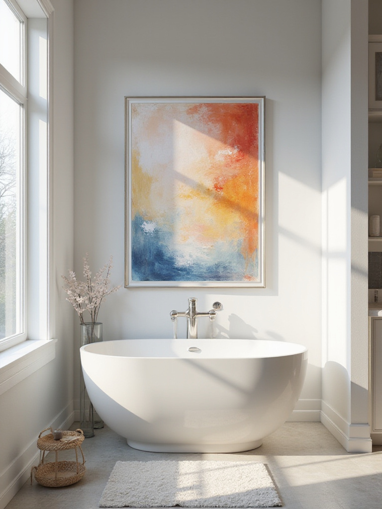 A modern bathroom featuring moisture-resistant artwork above a freestanding tub, showcasing serene decor and natural light.