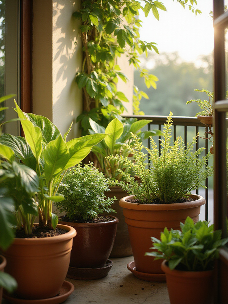 Thriving potted plants in a container garden on a sunny balcony.