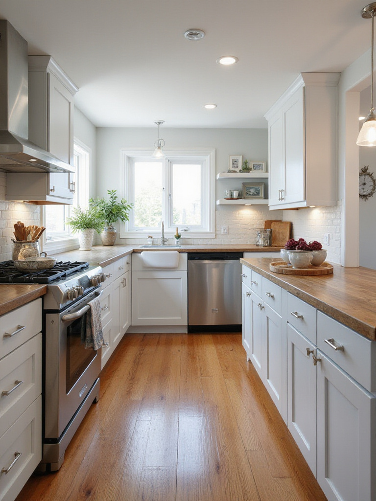 A modern kitchen displaying three cabinet finishes: paint, stain, and thermofoil.
