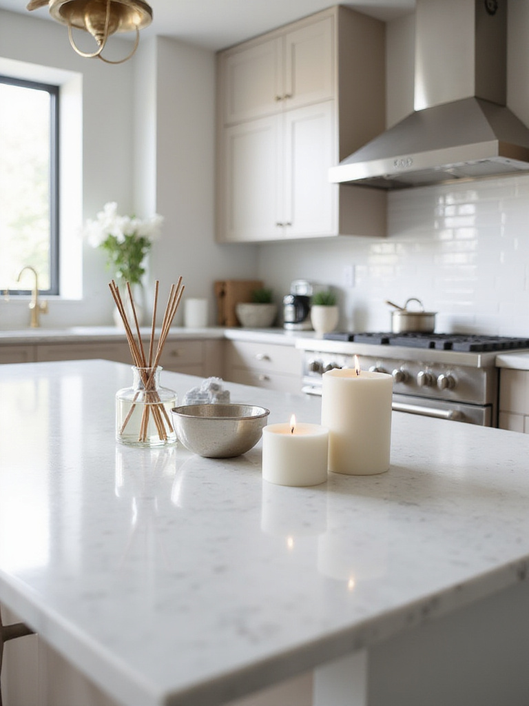 Stylish kitchen island decorated with decorative candles and a reed diffuser adding scent and ambiance.