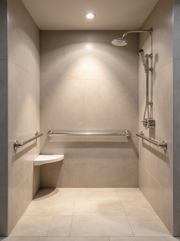 Modern bathroom with accessible design features including curbless shower and grab bars