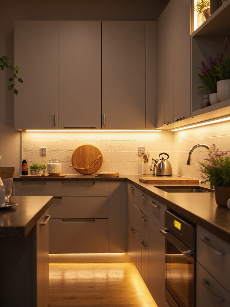 Modern kitchen with under-cabinet lighting illuminating countertops