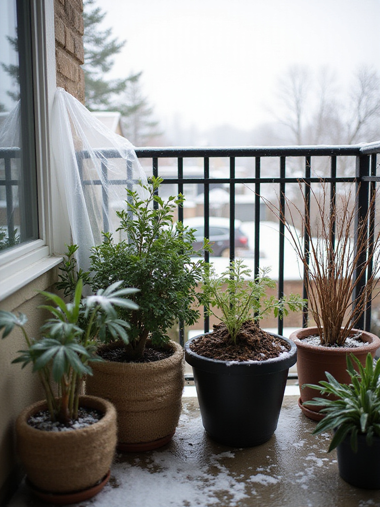 Winterized balcony with potted plants grouped together and insulated with burlap and mulch, some covered with plastic sheeting for protection from snow.