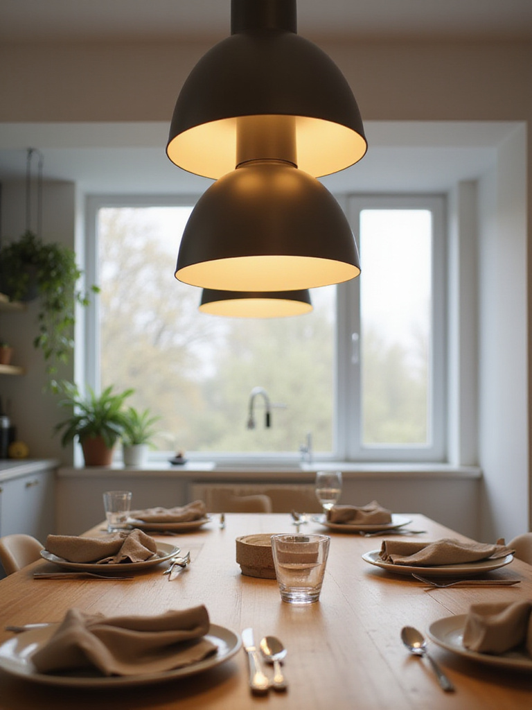 Easy-to-clean pendant lighting above a kitchen table.