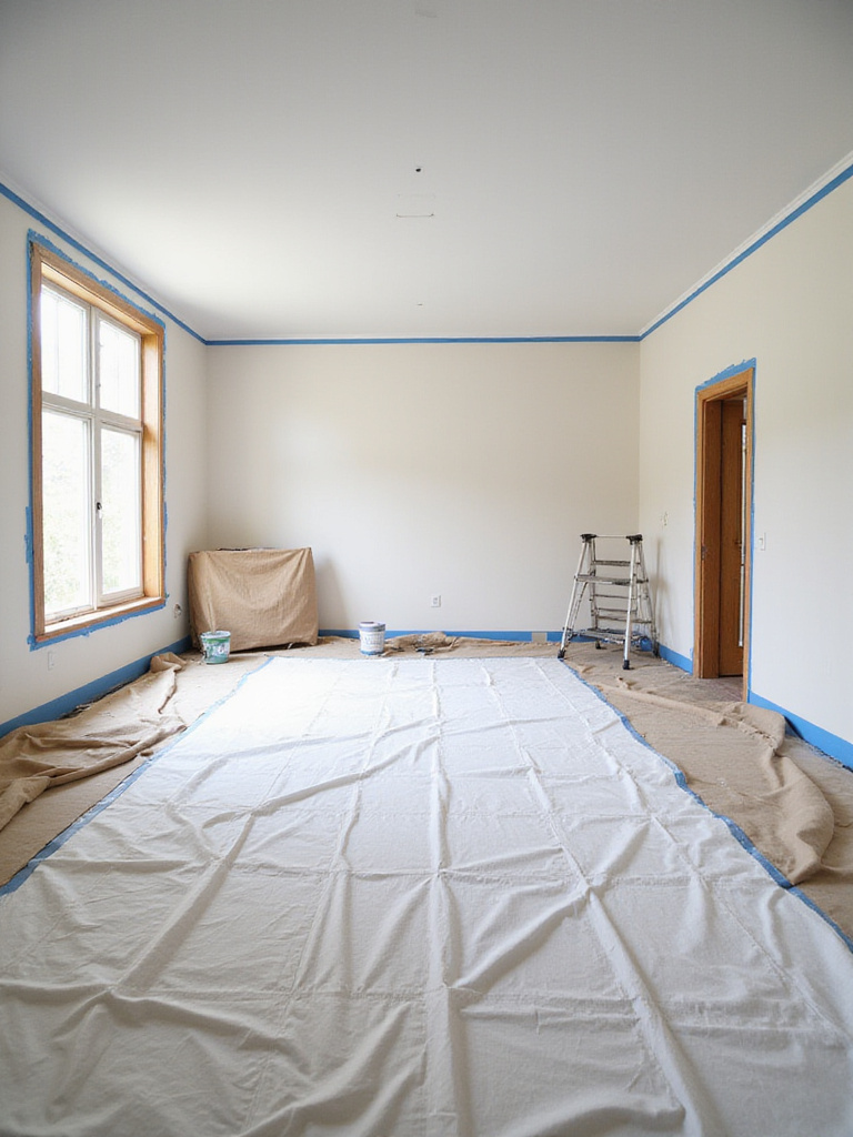 A dining room completely prepared for painting, showing furniture covered in plastic, canvas drop cloths on the floor, and blue painter's tape applied to trim and edges.