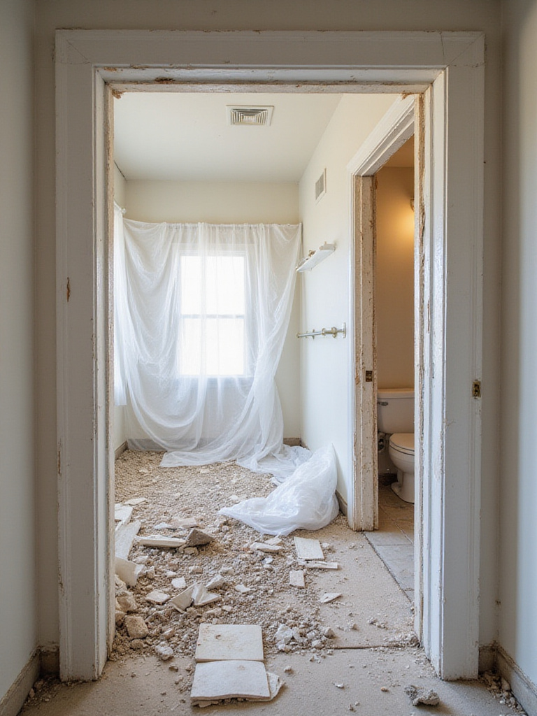 Bathroom demolition in progress with protective sheeting and organized debris disposal.