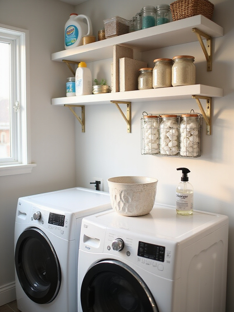 Well-organized laundry room showing detergent and essentials placed on open shelves above the washer and dryer for easy access.
