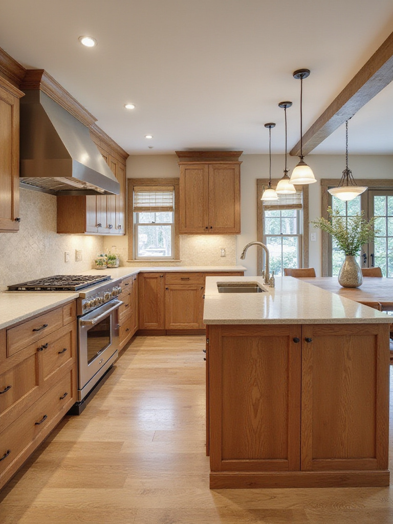 Sustainable kitchen design featuring durable solid wood cabinetry and quartz countertops.