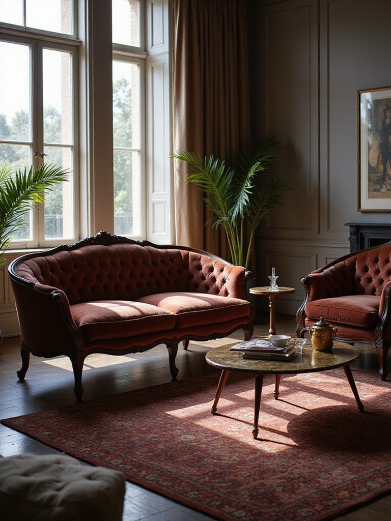Luxury living room with sofa upholstered in rich velvet, showcasing elegant texture and depth of color.
