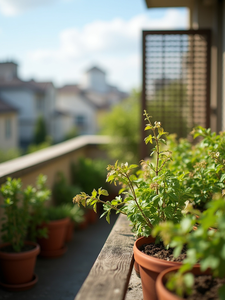 Balcony garden with a wooden windbreak protecting plants from strong winds.