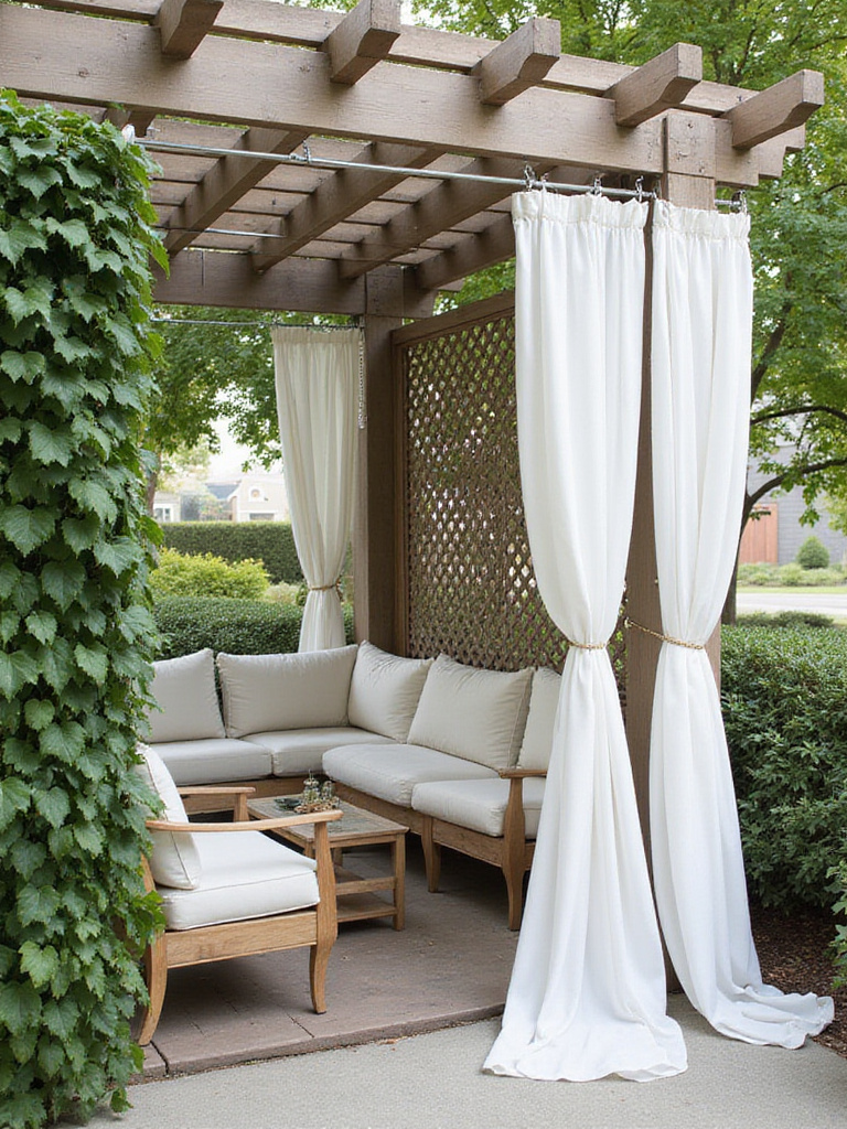 A pergola providing privacy with a lattice panel covered in ivy on one side and white outdoor curtains on another.