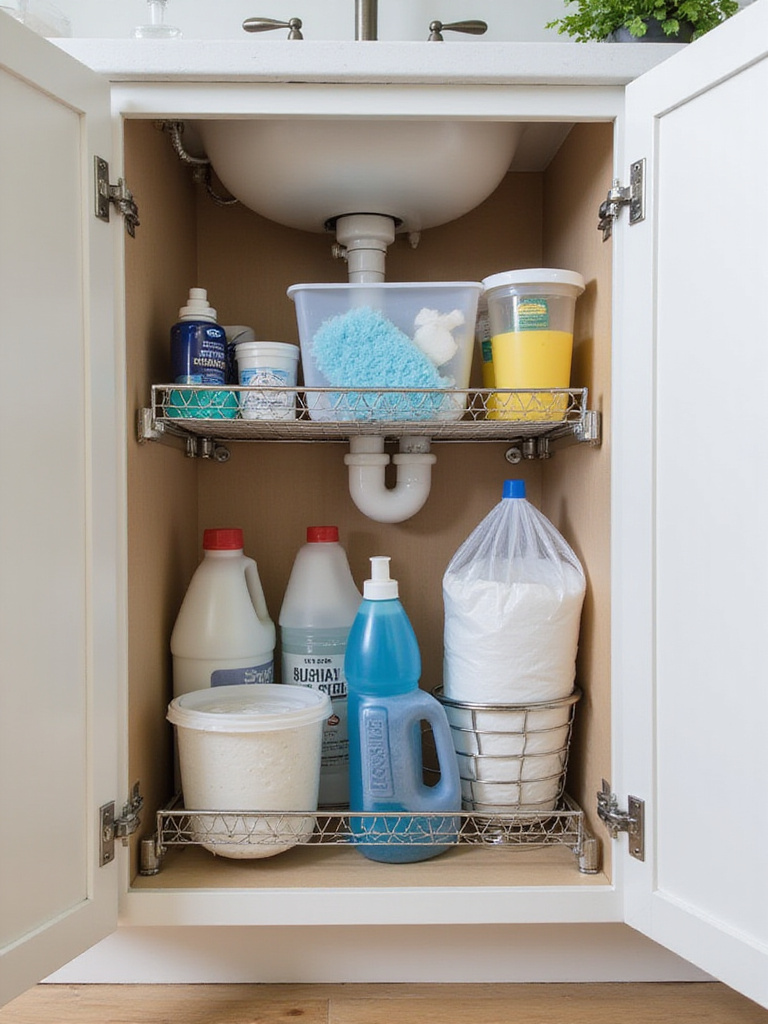 Interior of a kitchen sink cabinet showing two levels of pull-out wire shelves organized with cleaning supplies and trash bags.