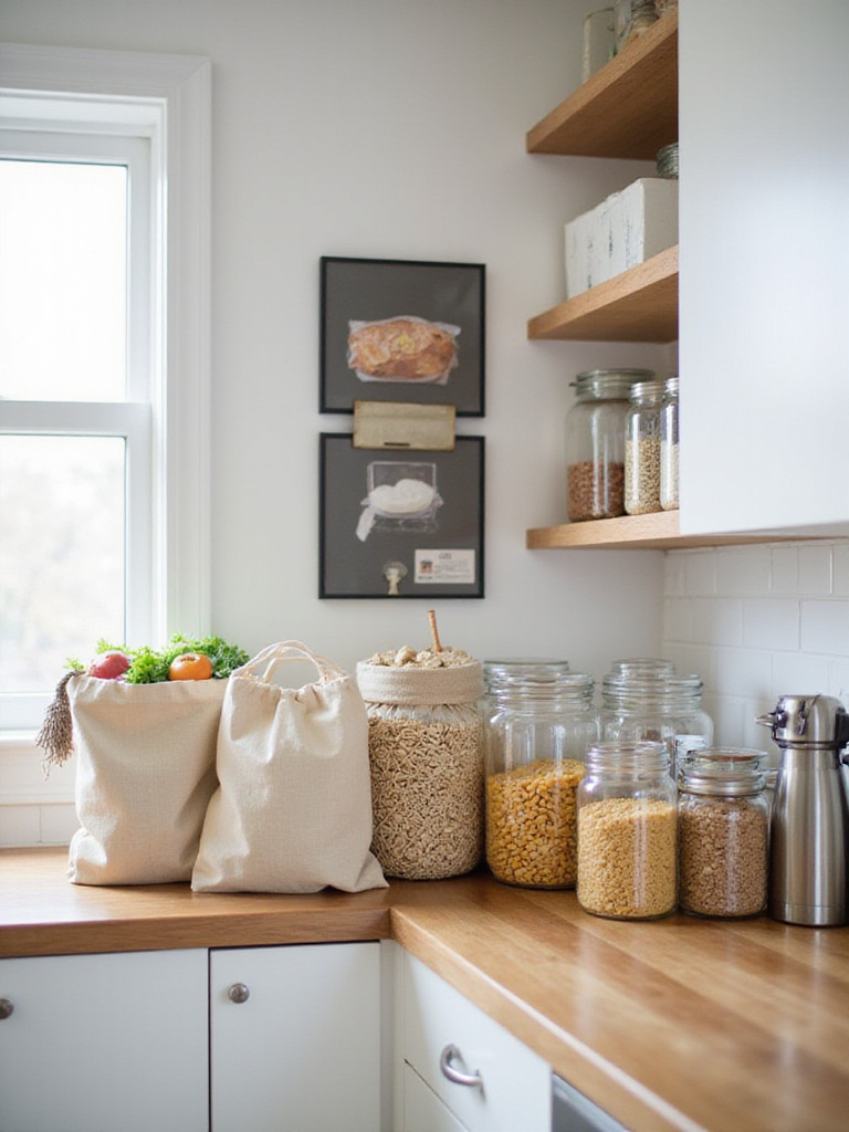 Sustainable kitchen counter with reusable shopping bags and bulk food storage containers.
