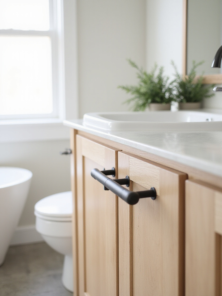 New matte black bar pulls on a light wooden bathroom vanity