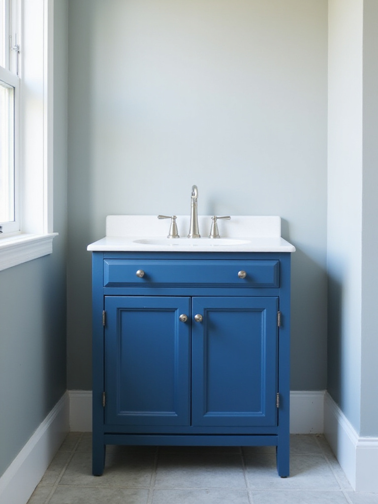 A freshly painted deep blue bathroom vanity with a white sink and brushed nickel faucet, brightening up a small bathroom space.