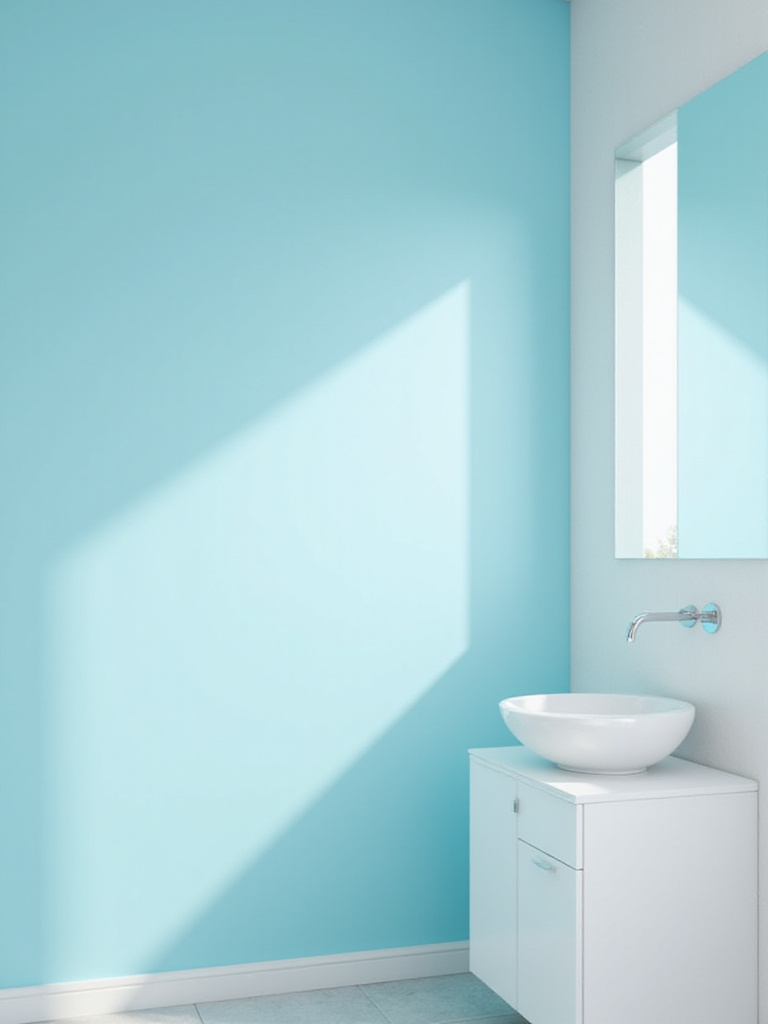 A modern bathroom wall painted in a calming light blue color, showing a corner of a white vanity and mirror, illustrating a simple yet effective renovation idea.