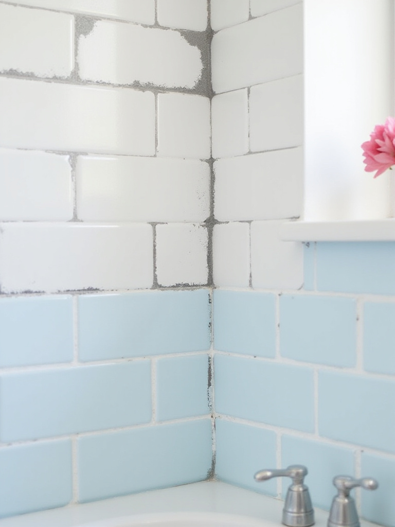 Close-up view of white subway tile with contrasting dark grey grout next to a section of the same tile painted a soft blue, illustrating budget bathroom tile updates.