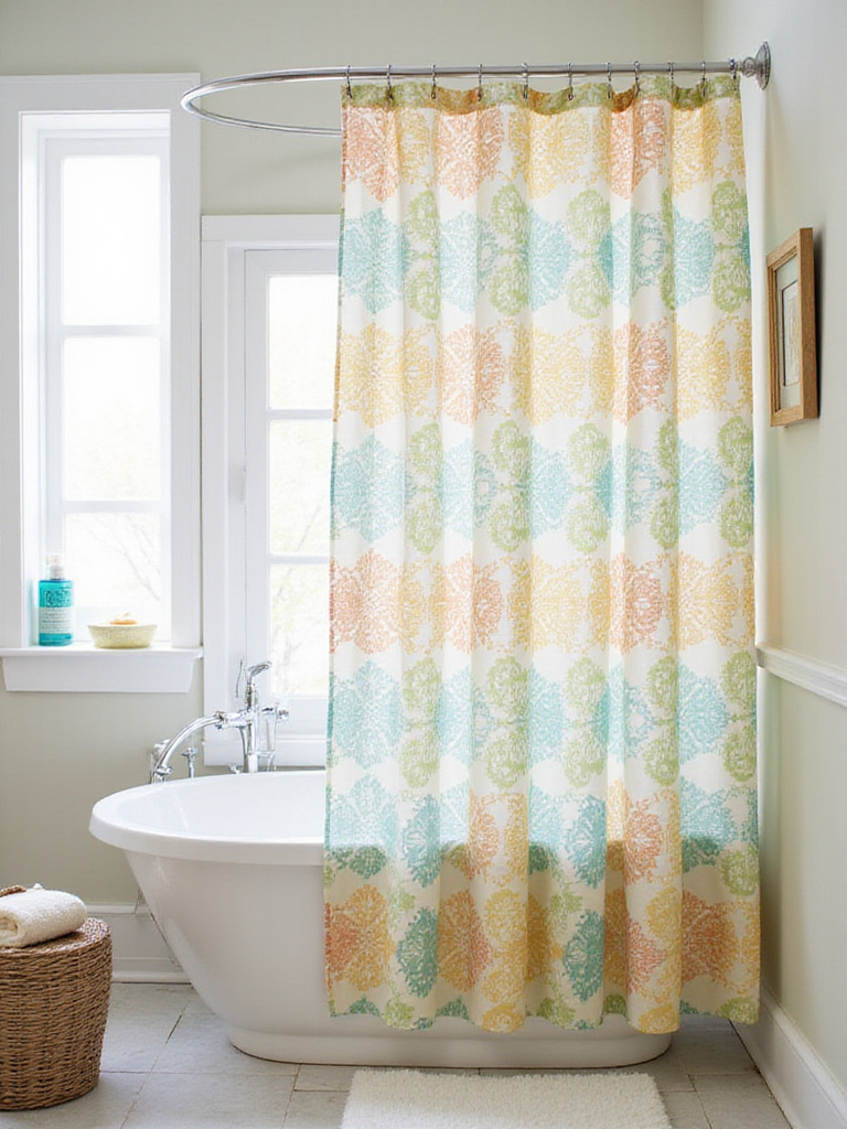 A bright bathroom featuring a vibrant, patterned fabric shower curtain hanging on a rod over a bathtub, demonstrating how a new curtain can refresh the space.