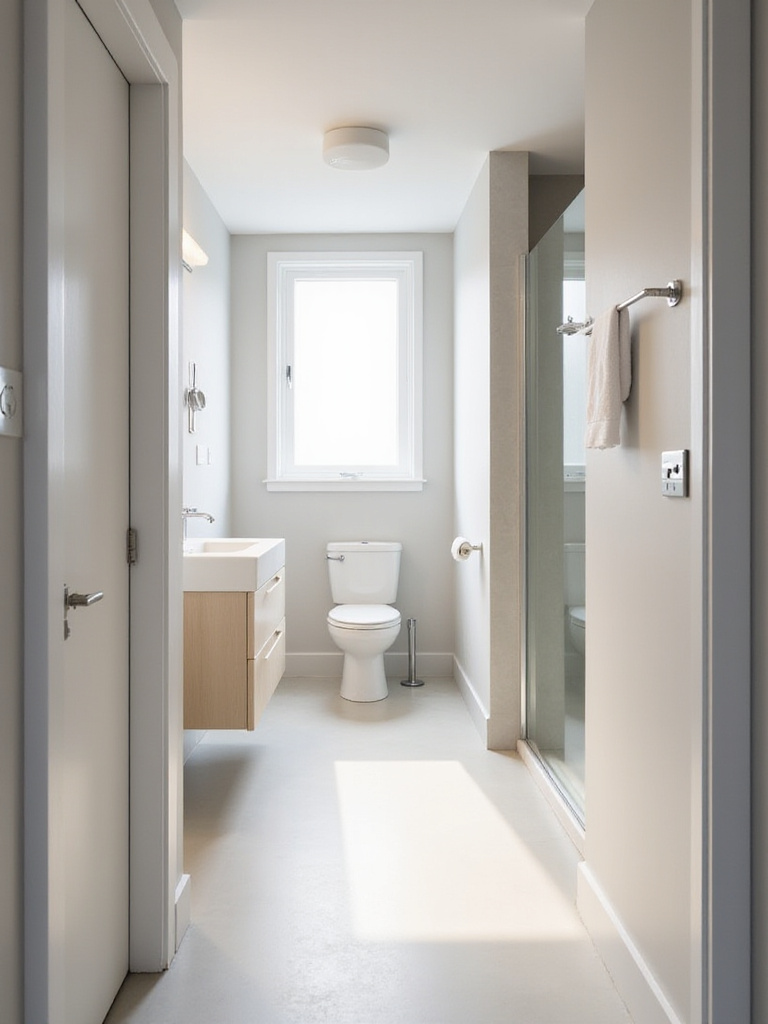 Modern bathroom layout designed for optimal flow, showing clear pathways between the vanity, toilet, and walk-in shower.