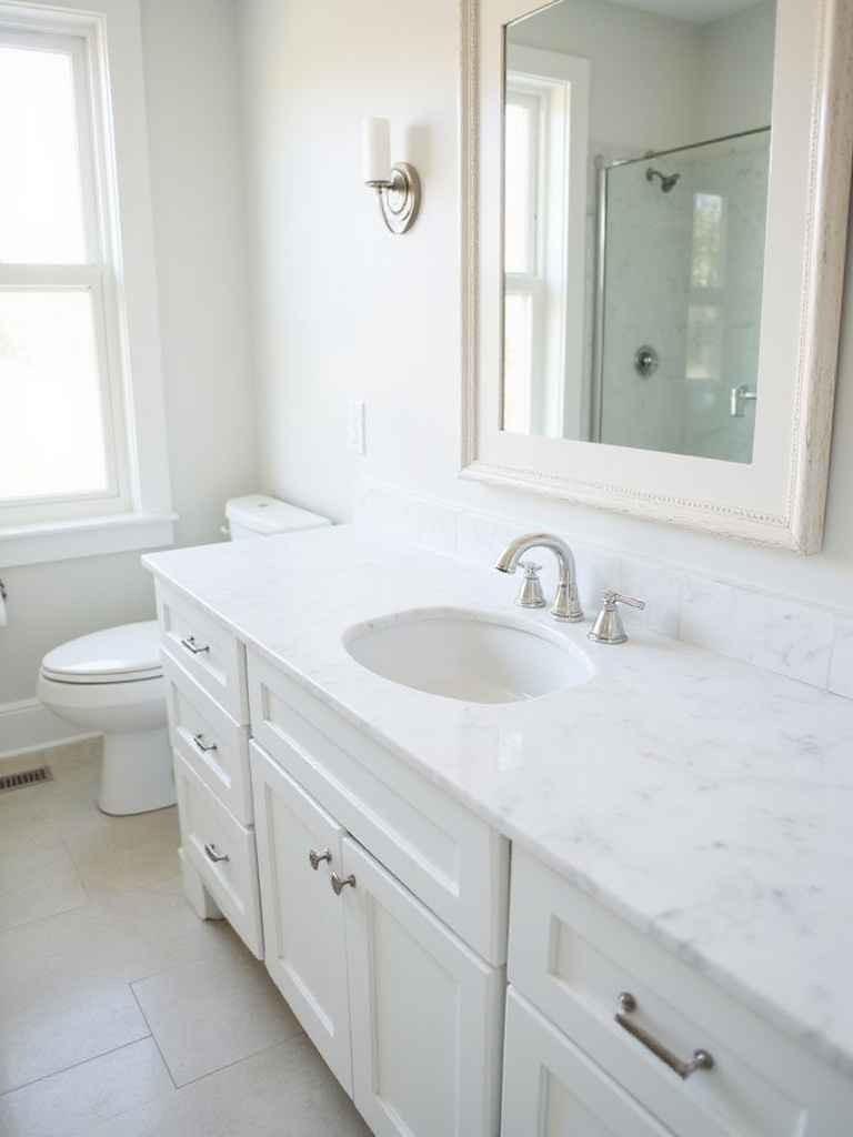 Bathroom vanity area with a countertop covered in white marble pattern contact paper, featuring a sink, faucet, and mirror, illustrating a budget-friendly countertop makeover.