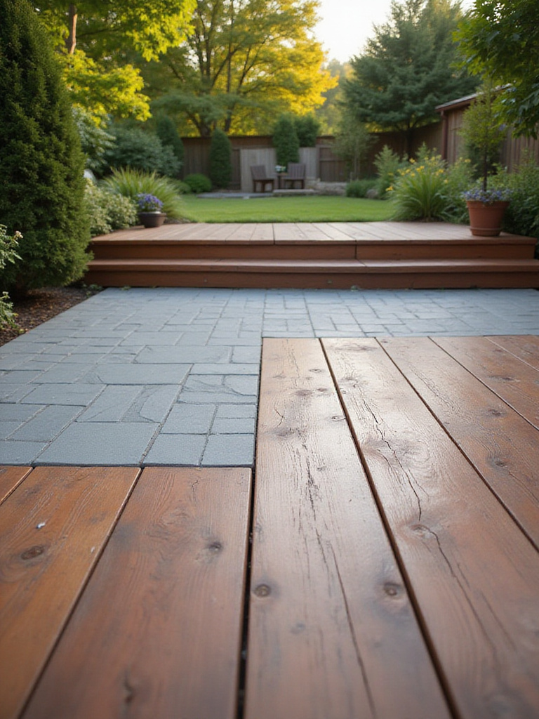 Beautifully refreshed outdoor deck floor featuring a combination of rich wood stain and modern interlocking tiles.