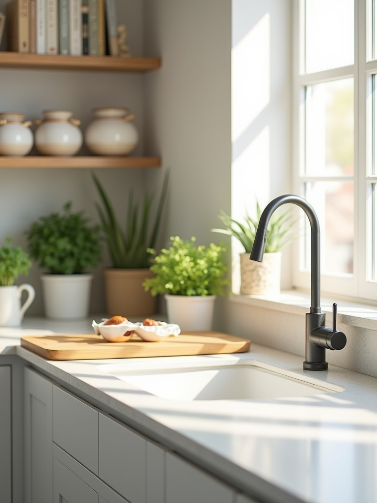 Clean and organized kitchen countertop with natural light.