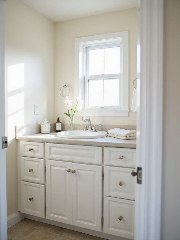 A clean, organized bathroom vanity with minimal items on the counter, showcasing the effect of ruthless decluttering on creating a more spacious and tidy appearance.