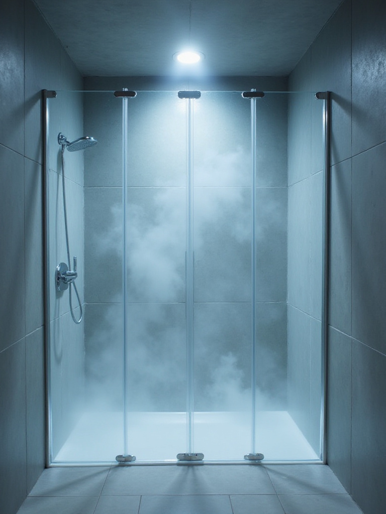 Bright LED recessed lights installed in the ceiling of a modern walk-in shower, highlighting the safety of wet-rated fixtures in a steamy environment.