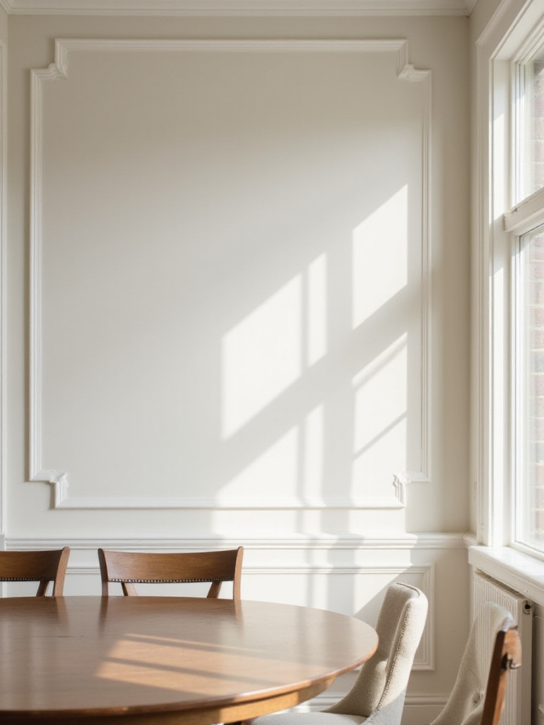 A dining room wall painted in a neutral color, showing the subtle difference in sheen between eggshell and satin finishes highlighted by natural light, with a dining table and chairs visible.