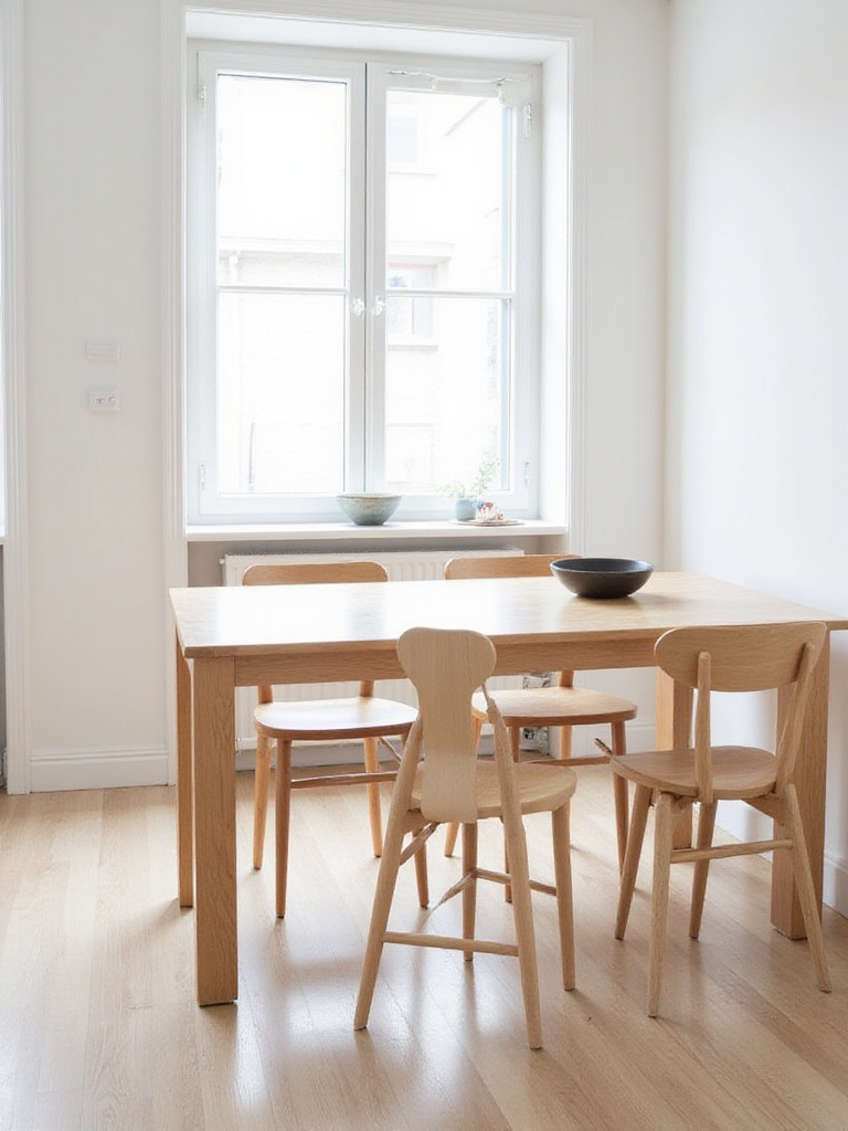 Light wood Scandinavian kitchen table in a bright, minimalist modern dining area, highlighting simplicity and functionality.