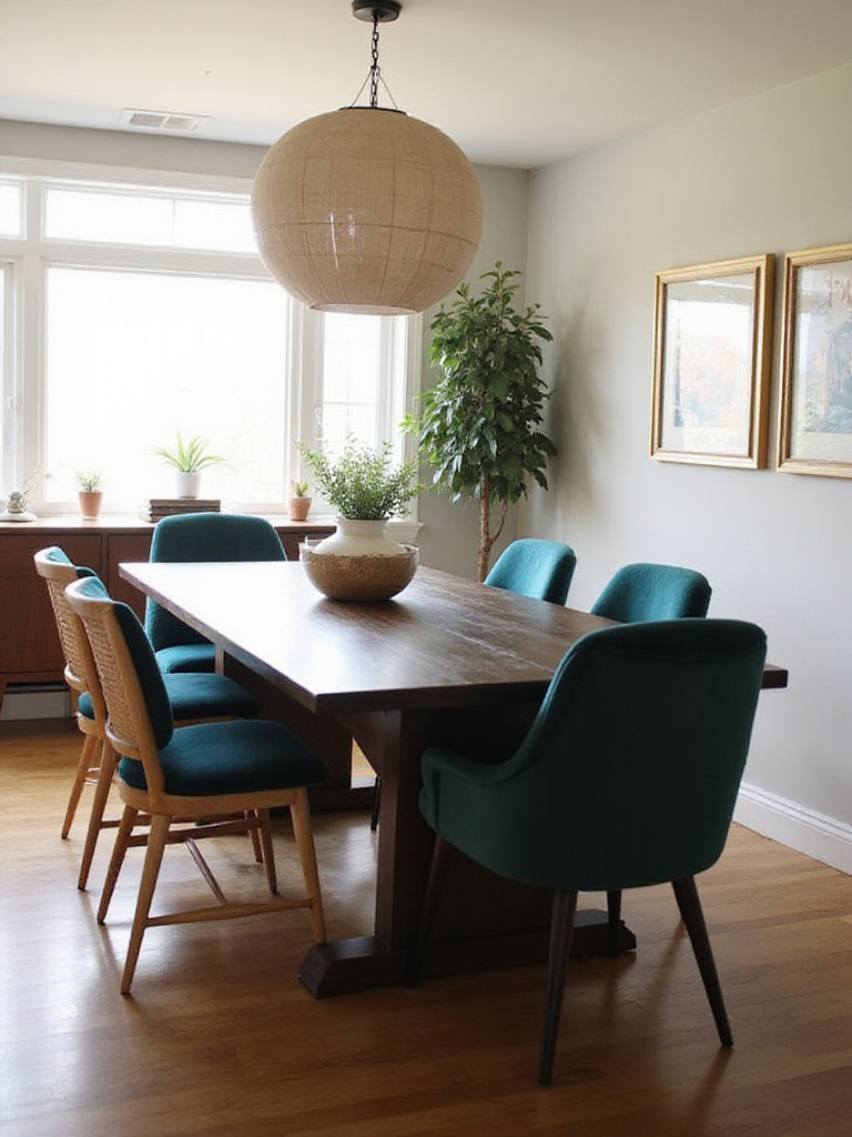 Dining room featuring a mix of teal velvet and mid-century modern woven dining chairs.