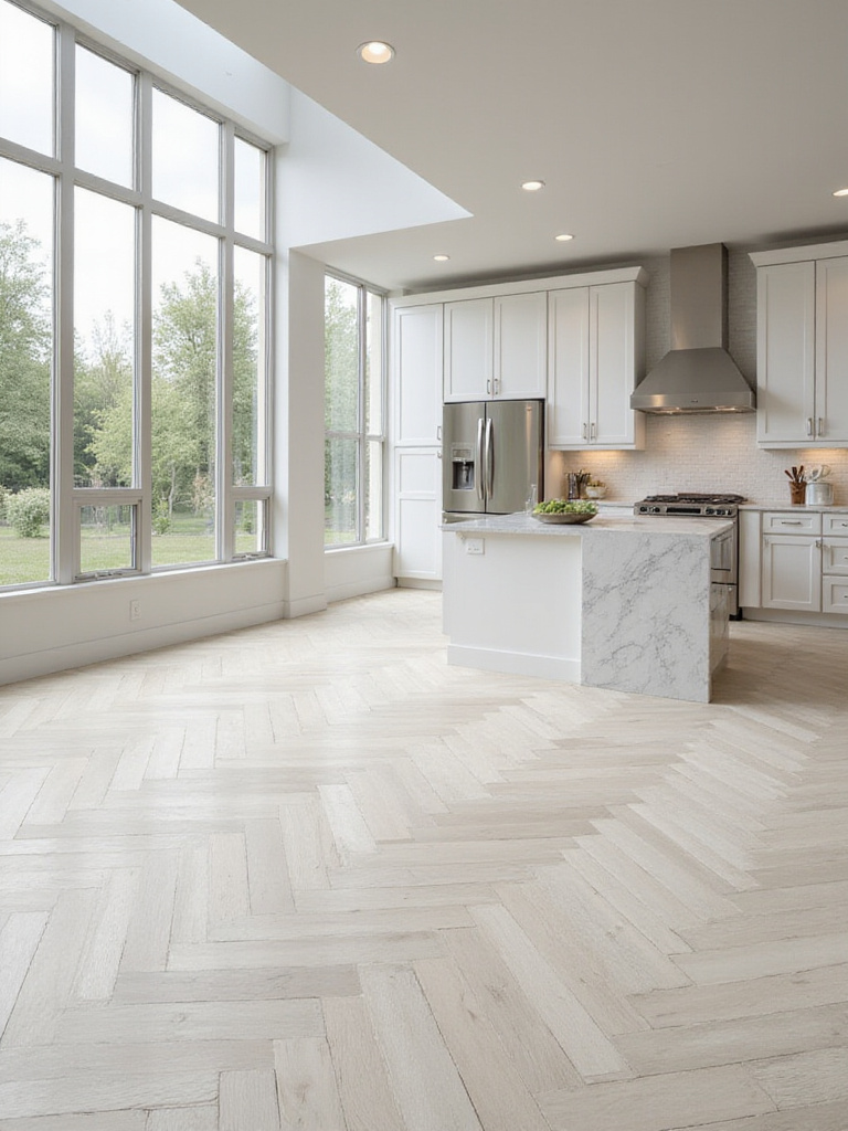 Modern kitchen with herringbone patterned porcelain tile flooring.