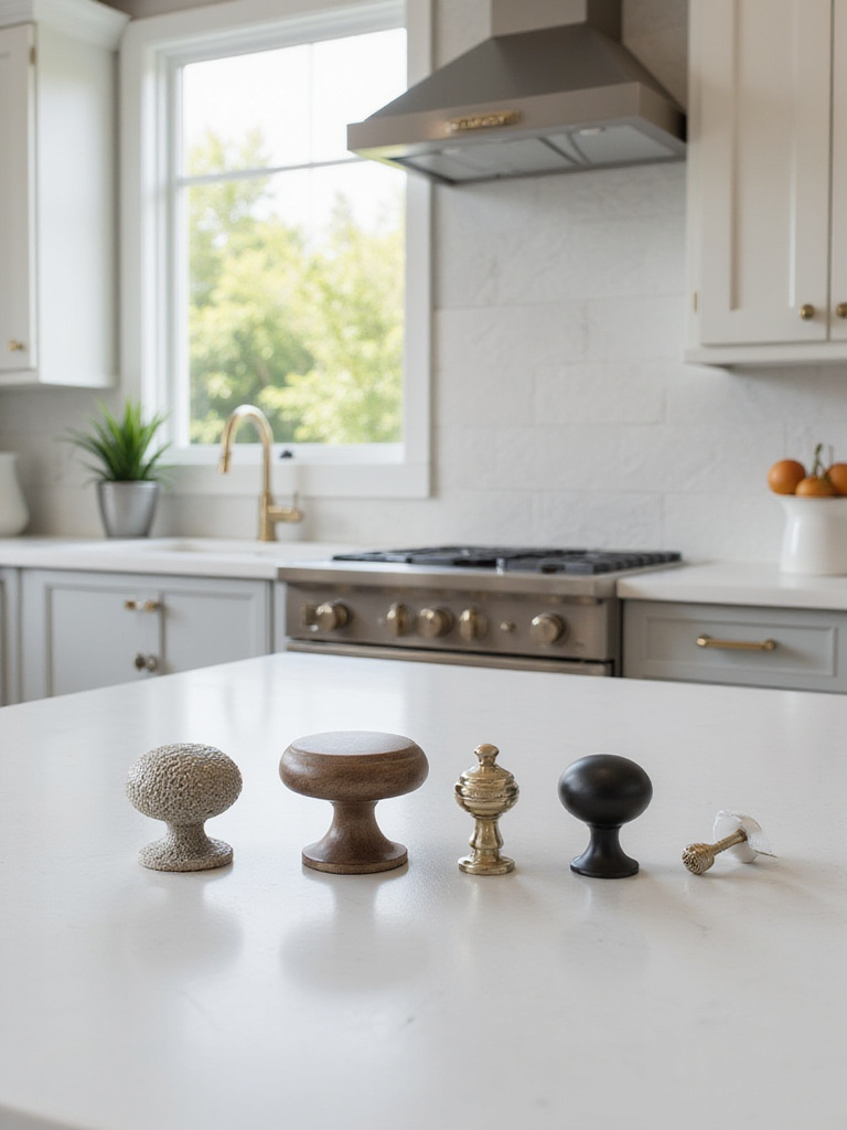A close-up view of stylish cabinet hardware options including knobs and pulls in a modern kitchen setting.
