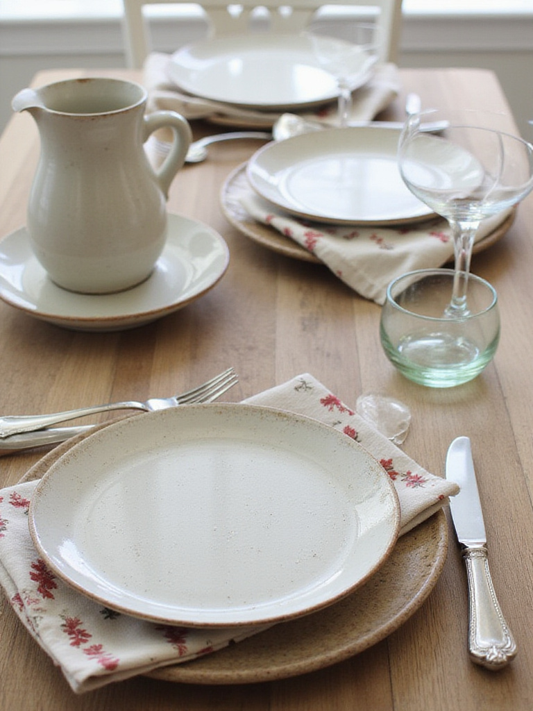 Farmhouse dining table set with charming everyday dishware like neutral stoneware plates, patterned napkins, and sturdy glassware.