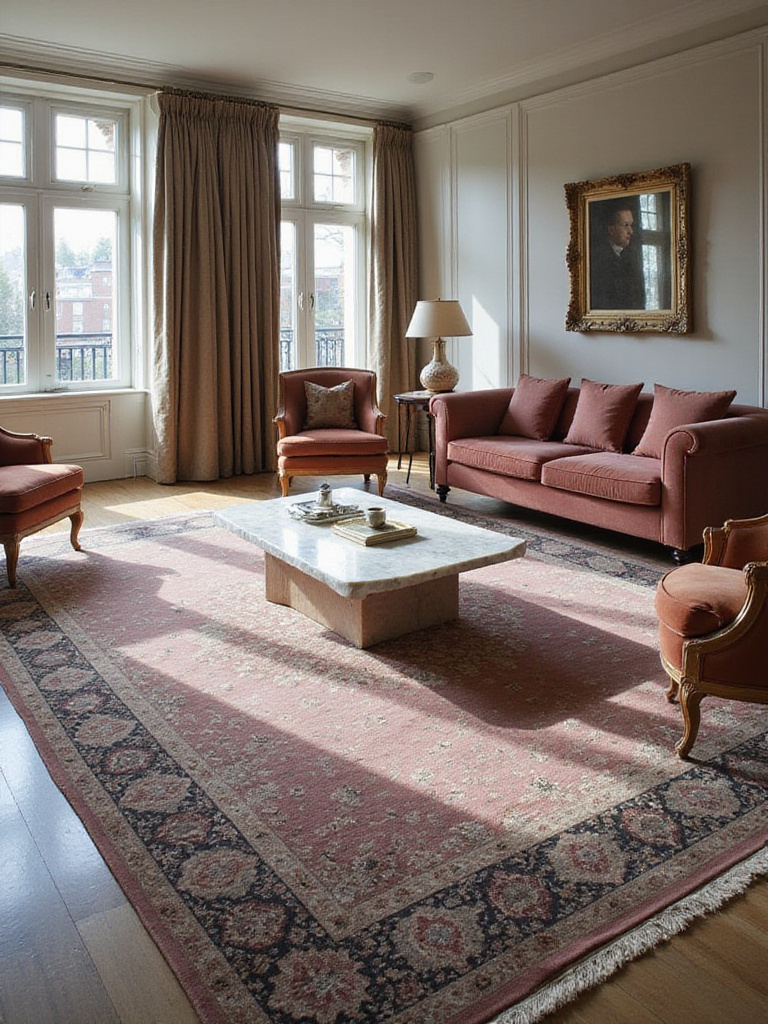 Opulent area rug anchoring luxury living room furniture, defining space and adding texture under natural light.