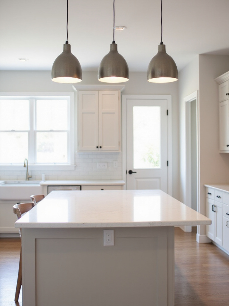 Three stylish contemporary pendant lights hanging above a modern kitchen island with a white quartz countertop.