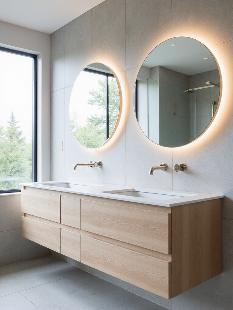 Modern bathroom with double vanity and round, frameless LED mirrors