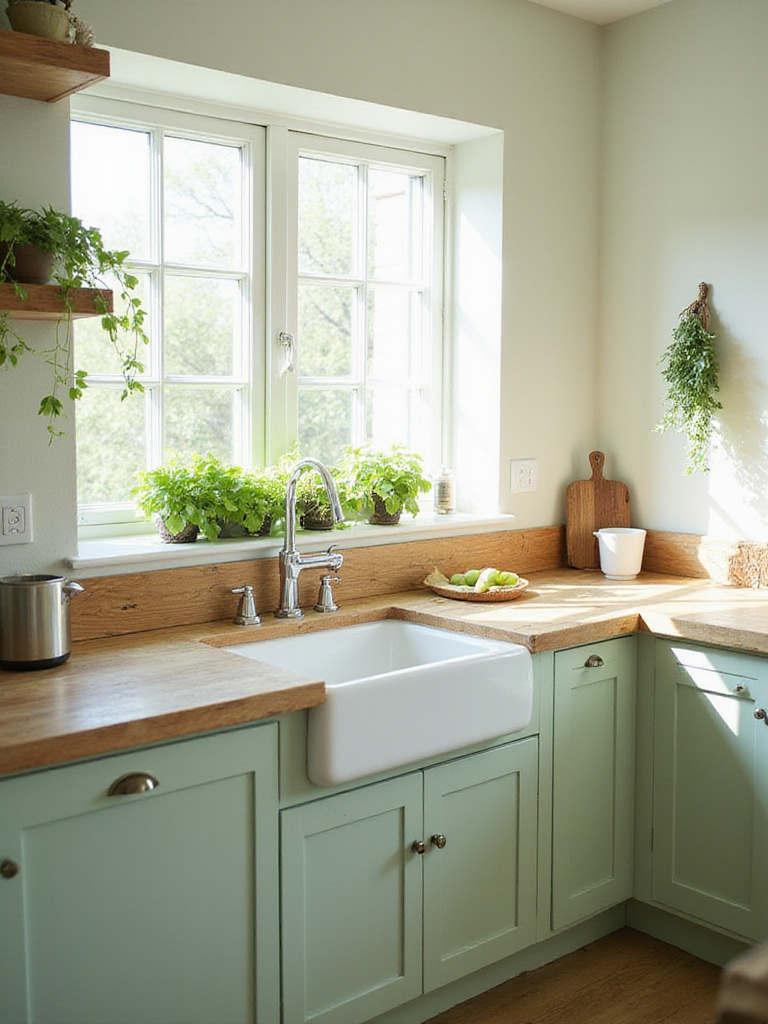 Close-up of green kitchen cabinets painted with non-toxic matte paint and reclaimed wood countertop with natural oil finish.