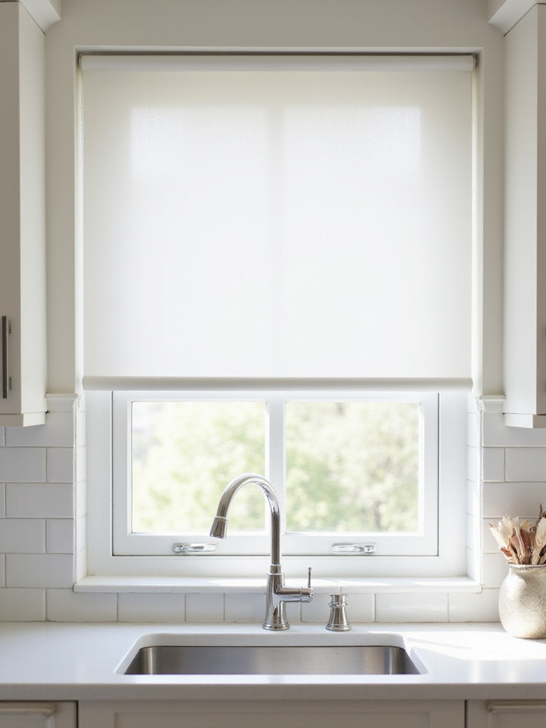 Modern kitchen featuring white roller shades on a window above the sink.