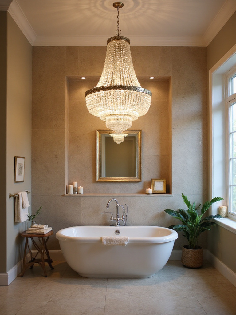 Elegant bathroom with statement lighting fixture above a soaking tub