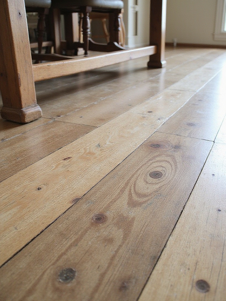 Sturdy and rustic wide plank reclaimed wood flooring in a farmhouse dining room, displaying authentic character with nail holes and texture.