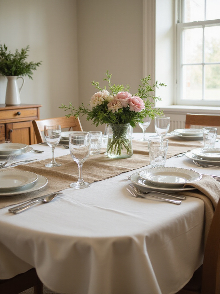 Elegantly set dining room table with linen tablecloth, porcelain tableware, and floral centerpiece