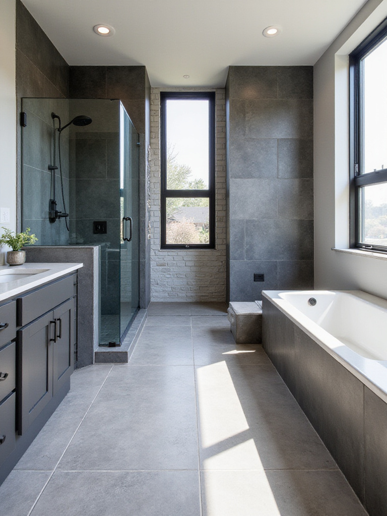 Modern bathroom showcasing different tile applications on floors, walls, and shower accent.